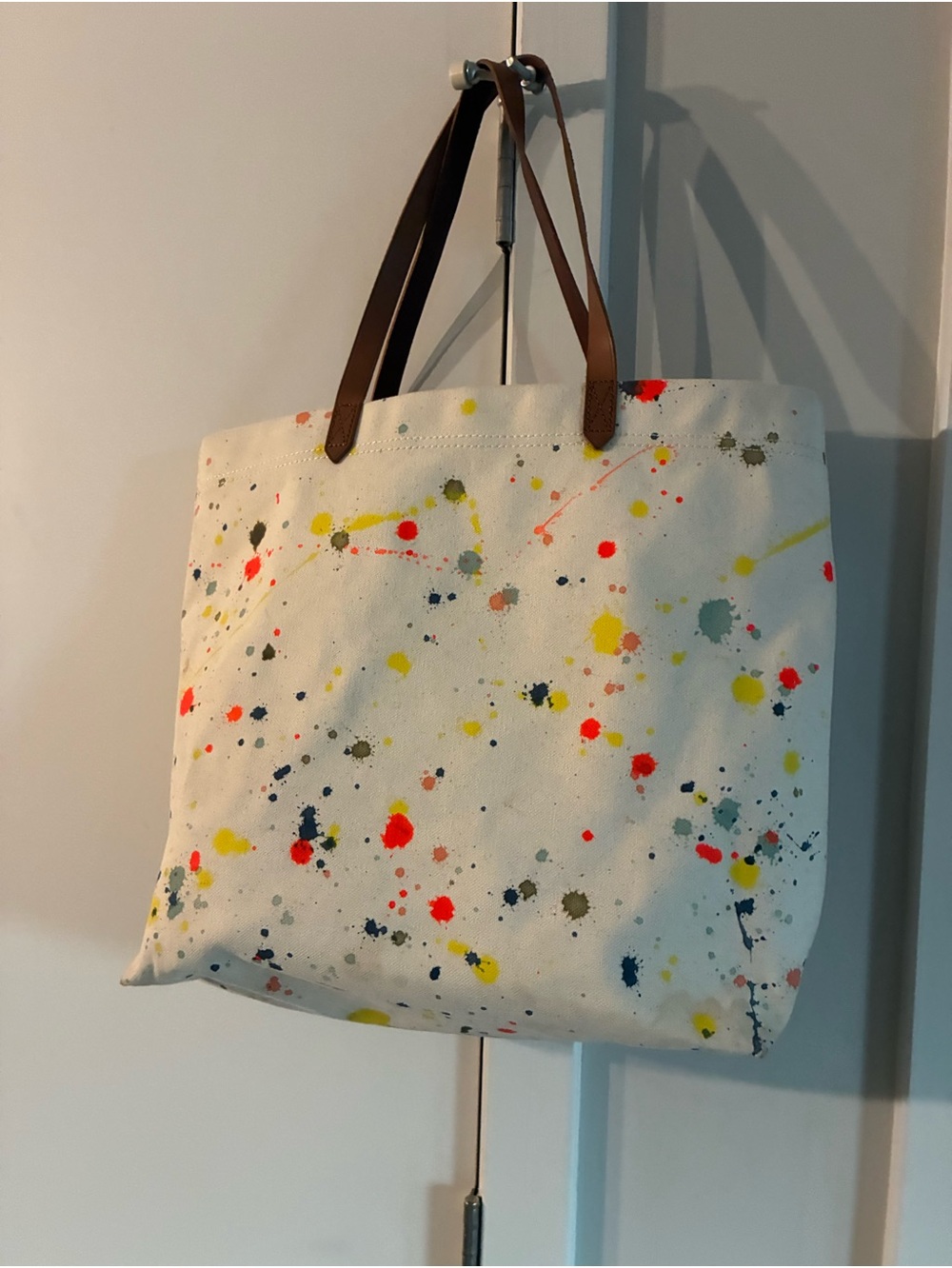 Madewell Canvas Paint-Splash Tote Bag with Brown Leather Handles